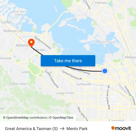 Great America & Tasman (S) to Menlo Park map