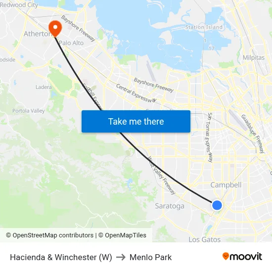 Hacienda & Winchester (W) to Menlo Park map