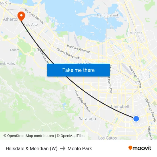 Hillsdale & Meridian (W) to Menlo Park map