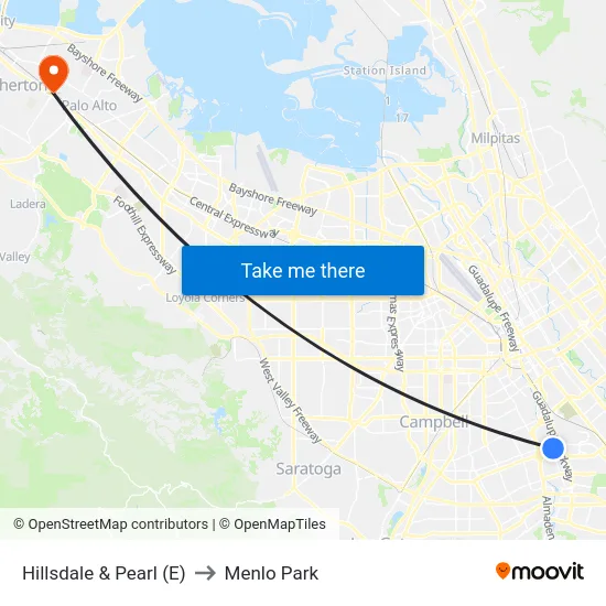 Hillsdale & Pearl (E) to Menlo Park map