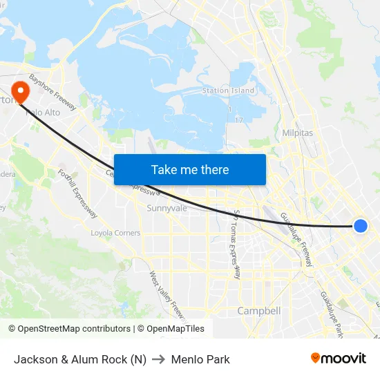 Jackson & Alum Rock (N) to Menlo Park map