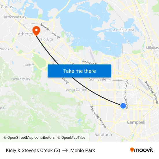 Kiely & Stevens Creek (S) to Menlo Park map