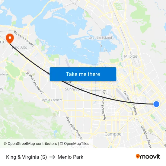 King & Virginia (S) to Menlo Park map