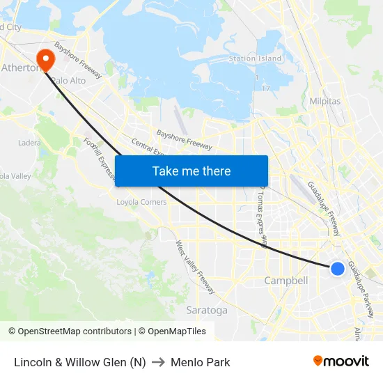Lincoln & Willow Glen (N) to Menlo Park map