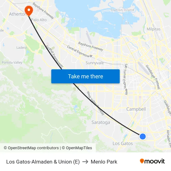 Los Gatos-Almaden & Union (E) to Menlo Park map