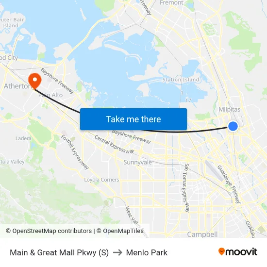 Main & Great Mall Pkwy (S) to Menlo Park map
