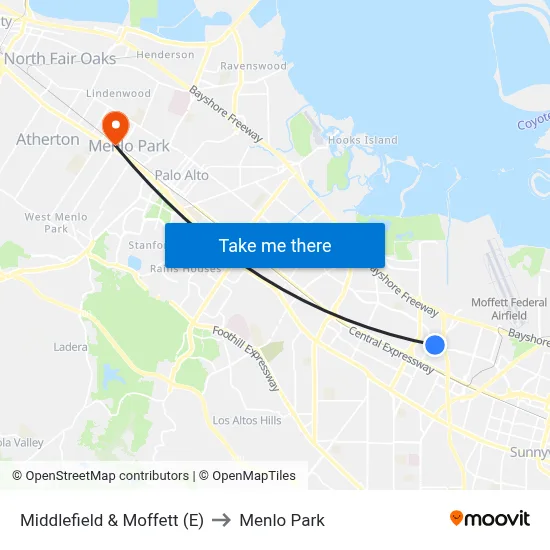 Middlefield & Moffett (E) to Menlo Park map