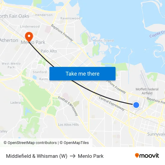 Middlefield & Whisman (W) to Menlo Park map