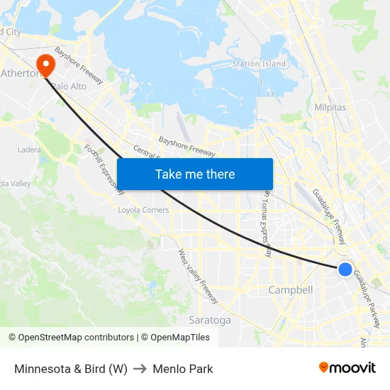 Minnesota & Bird (W) to Menlo Park map