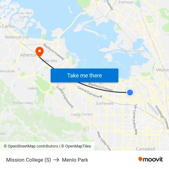Mission College (S) to Menlo Park map