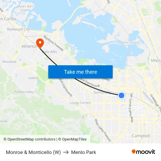 Monroe & Monticello (W) to Menlo Park map