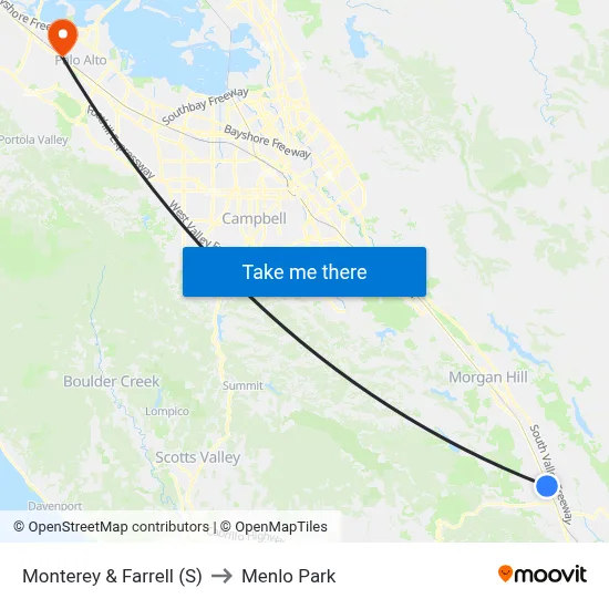 Monterey & Farrell (S) to Menlo Park map