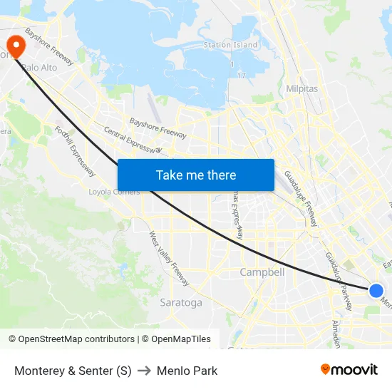 Monterey & Senter (S) to Menlo Park map
