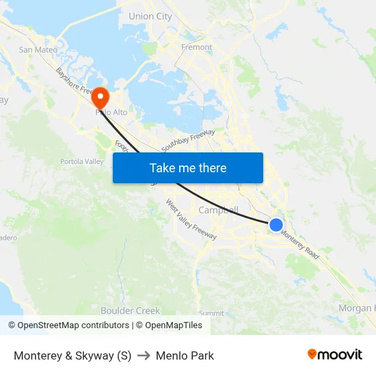 Monterey & Skyway (S) to Menlo Park map