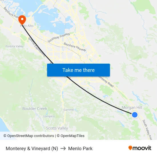 Monterey & Vineyard (N) to Menlo Park map