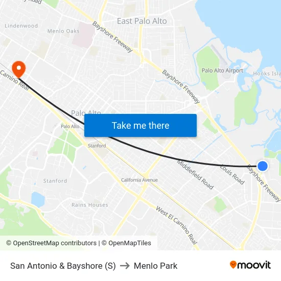 San Antonio & Bayshore (S) to Menlo Park map
