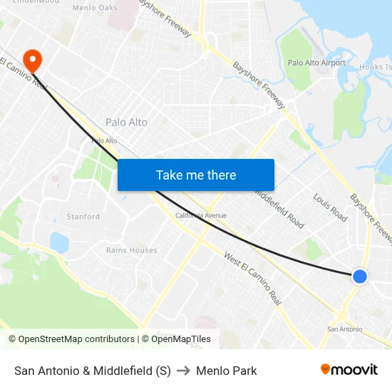 San Antonio & Middlefield (S) to Menlo Park map