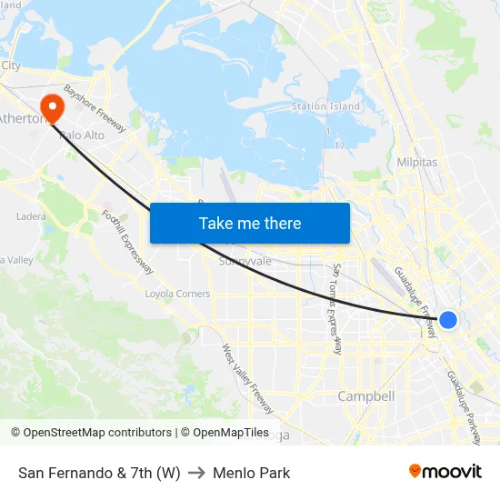 San Fernando & 7th (W) to Menlo Park map