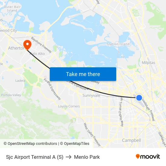 Sjc Airport Terminal A (S) to Menlo Park map