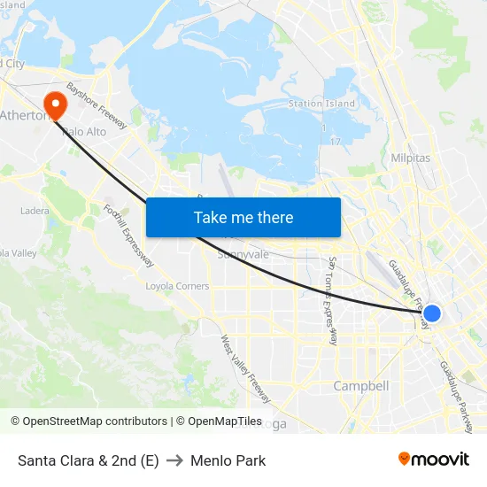 Santa Clara & 2nd (E) to Menlo Park map