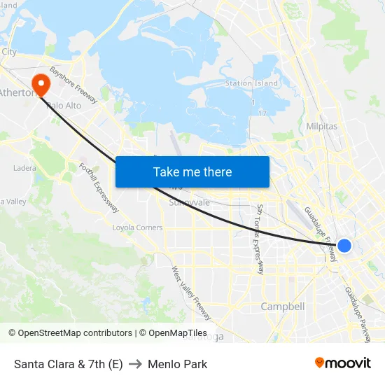 Santa Clara & 7th (E) to Menlo Park map