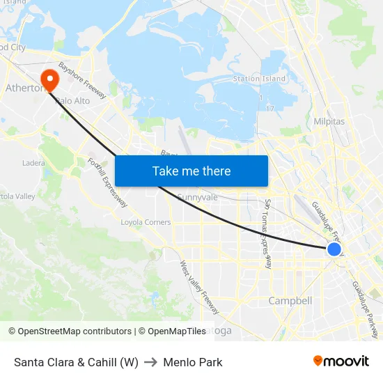 Santa Clara & Cahill (W) to Menlo Park map