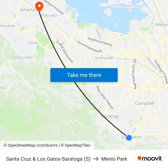 Santa Cruz & Los Gatos-Saratoga (S) to Menlo Park map