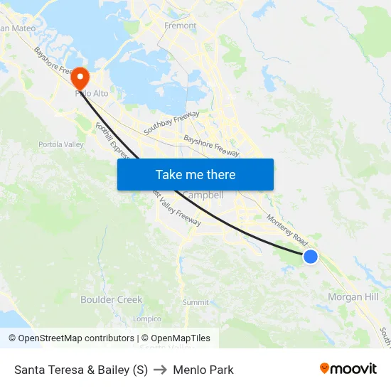 Santa Teresa & Bailey (S) to Menlo Park map