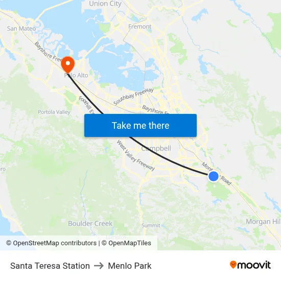 Santa Teresa Station to Menlo Park map