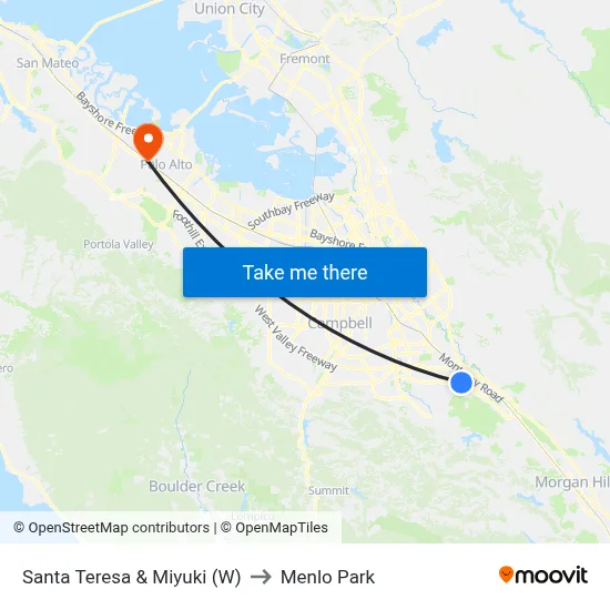 Santa Teresa & Miyuki (W) to Menlo Park map