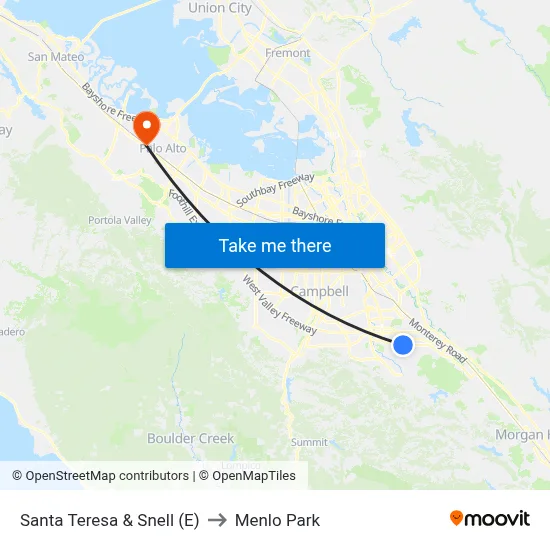 Santa Teresa & Snell (E) to Menlo Park map