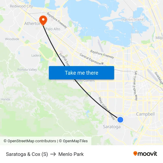 Saratoga & Cox (S) to Menlo Park map