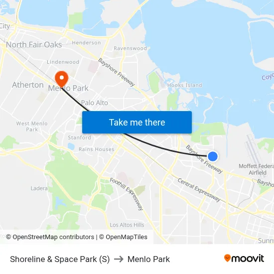Shoreline & Space Park (S) to Menlo Park map