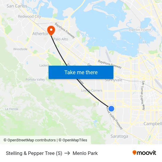 Stelling & Pepper Tree (S) to Menlo Park map