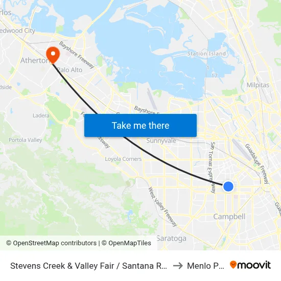 Stevens Creek & Valley Fair / Santana Row (W) to Menlo Park map