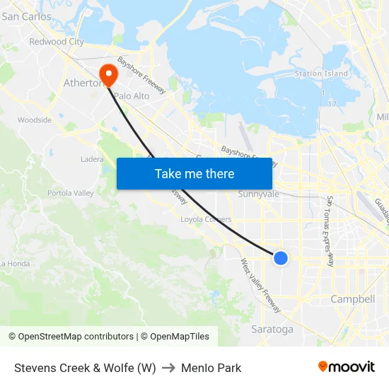 Stevens Creek & Wolfe (W) to Menlo Park map