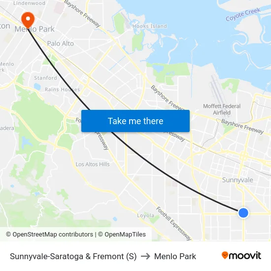 Sunnyvale-Saratoga & Fremont (S) to Menlo Park map