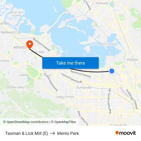 Tasman & Lick Mill (E) to Menlo Park map