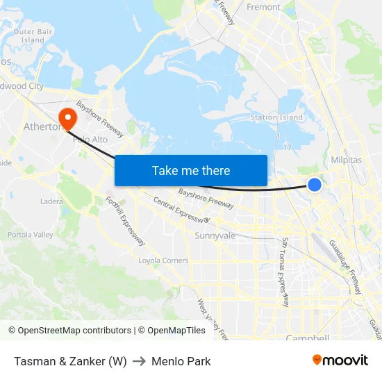 Tasman & Zanker (W) to Menlo Park map