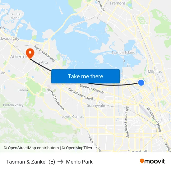 Tasman & Zanker (E) to Menlo Park map