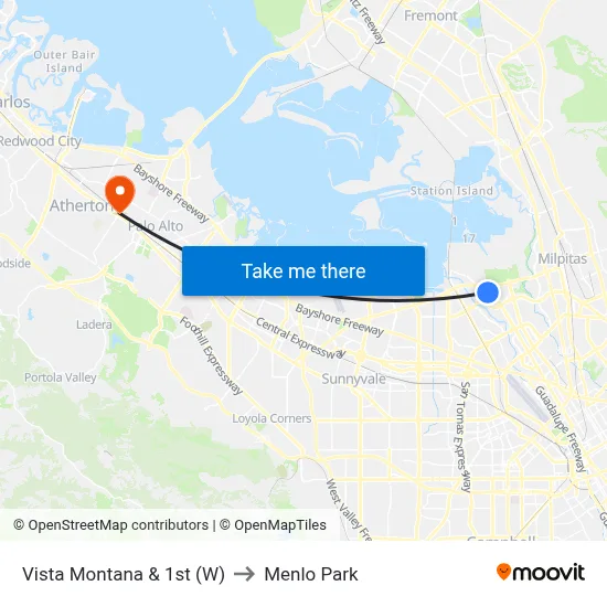 Vista Montana & 1st (W) to Menlo Park map