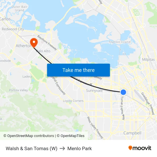 Walsh & San Tomas (W) to Menlo Park map