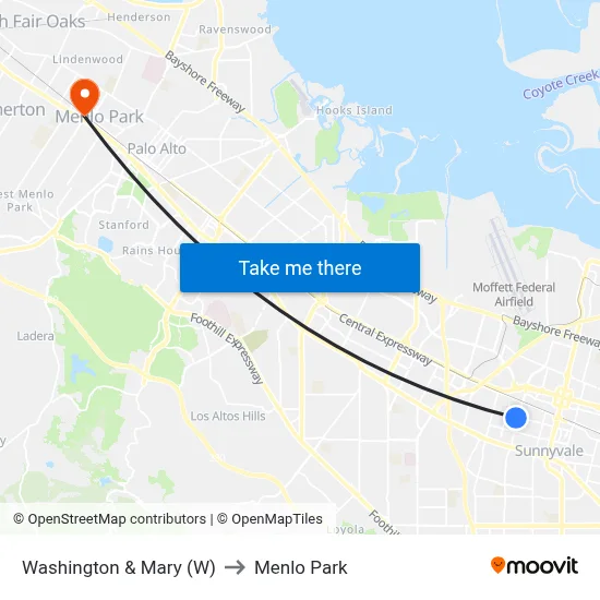 Washington & Mary (W) to Menlo Park map