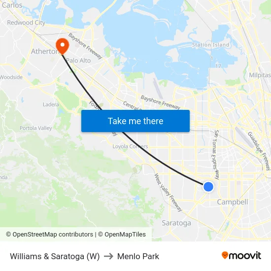 Williams & Saratoga (W) to Menlo Park map