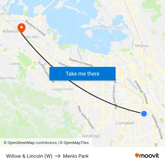 Willow & Lincoln (W) to Menlo Park map