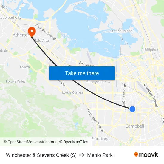 Winchester & Stevens Creek (S) to Menlo Park map