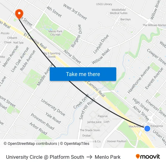 University Circle @ Platform South to Menlo Park map