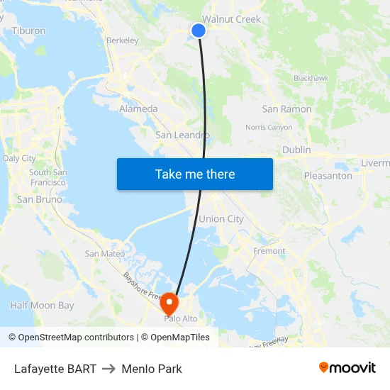 Lafayette BART to Menlo Park map