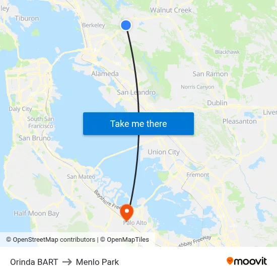 Orinda BART to Menlo Park map