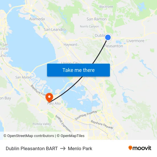 Dublin Pleasanton BART to Menlo Park map